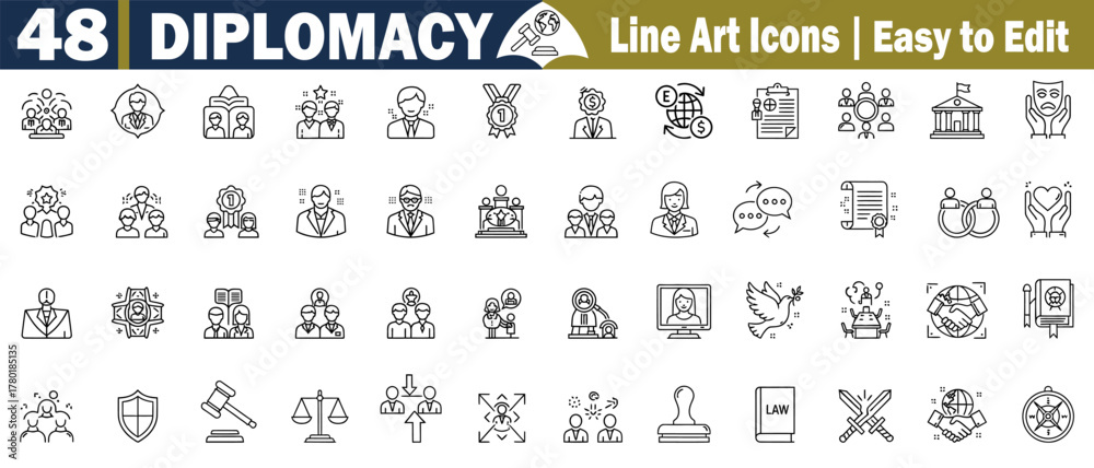 Obraz premium Diplomacy Icons Set Vector Collection, Business, Negotiation Agreement, International Relations, Politics and Peace Thin Line Art Symbols Editable concept. 