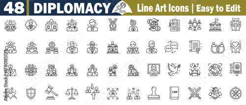 Diplomacy Icons Set Vector Collection, Business, Negotiation Agreement, International Relations, Politics and Peace Thin Line Art Symbols Editable concept. 