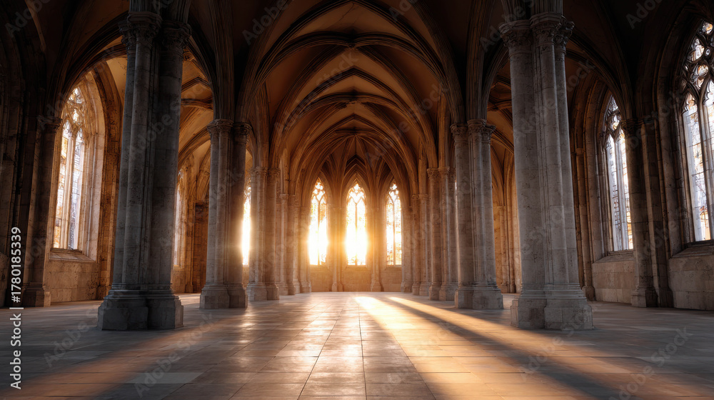 Fototapeta premium Majestic Medieval European Cathedral Bathed in Golden Sunrise Light Showcasing Tall Stone Pillars and Intricate Architecture