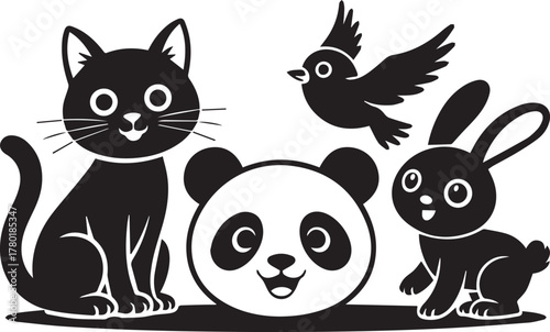 set of funny black and white cartoon cats vector illustration