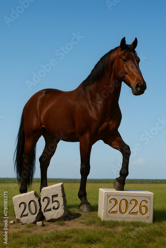 red horse breaks the 2025 stone and stands on the 2026 stone, meadow background painting with a New Year's feel