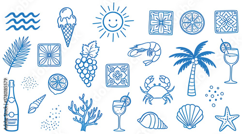 A charming summer doodle collection featuring beach elements, sea creatures, and tropical motifs, perfect for adding a playful touch to designs