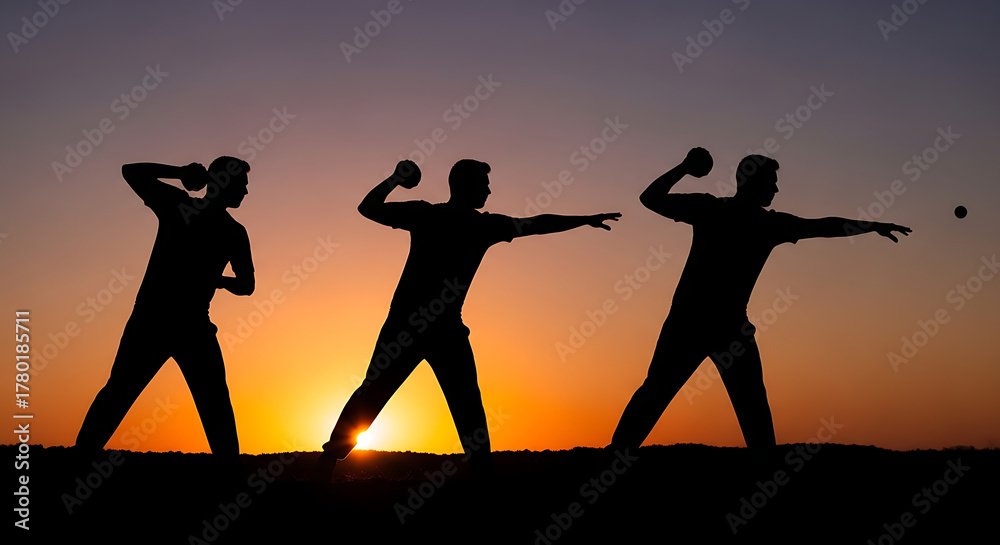 Fototapeta premium Silhouette of men throwing balls against a sunset backdrop in a dynamic sequence of motion shots