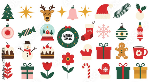 A festive collection of christmas icons, featuring a christmas tree, ornaments, gifts, and winter treats, all in a charming and colorful cartoon style