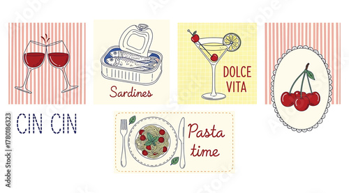 A delightful collage of italianthemed illustrations, featuring wine glasses, sardines, a cocktail, cherries, and pasta, accompanied by the phrases cin cin and pasta time