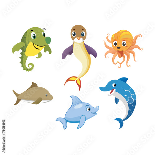Collection of six cartoon marine animals including a shark, turtle, dolphin, stingray, octopus, and seahorse, isolated on white background
