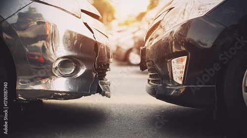 Close-Up of Two Car Bumpers Touching with Cracked Paint, Minor Collision Damage in Urban Traffic, Concept of Road Accidents and Auto Insurance Claims
