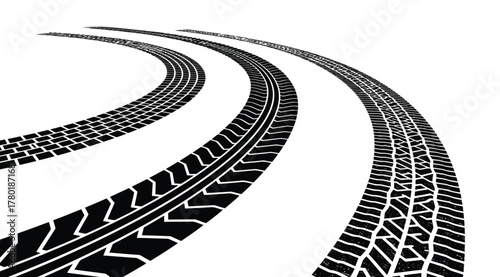 Dynamic tire tracks, illustrating curved paths, ideal for automotive, racing, and design projects seeking a sense of speed and movement