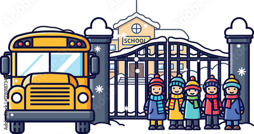 Children waiting for the school bus in winter near school building and gate