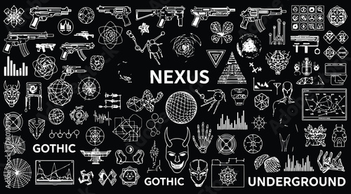 A nexus of gothic underground elements, featuring a collection of weapons, symbols, and graphic elements, creating a visually striking and intricate composition on
