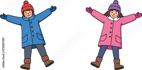 Children making snow angels in winter wearing warm clothes having fun outside