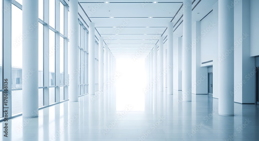 Obraz premium Bright modern architectural hallway with large windows and white walls creating a sense of spaciousness and light