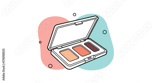 Minimalist illustration of an open eyeshadow palette with three warm shades, highlighted by colorful abstract background shapes and small floating circles.