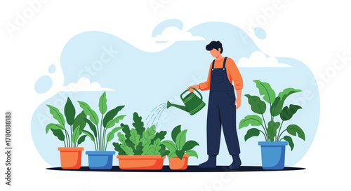 A man in overalls waters a collection of potted plants with a green watering can under a blue sky, illustrating home gardening.
