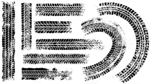 A collection of black tire track vectors, showcasing various tread patterns and curves, perfect for automotive design and graphic projects