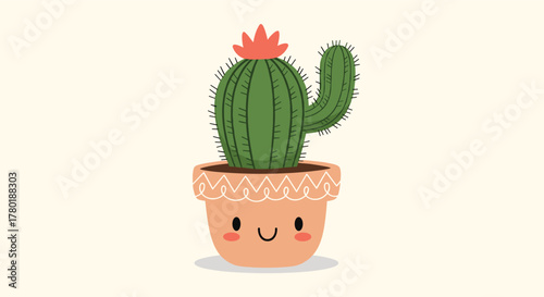 A cheerful and adorable cartoon cactus with a pink flower happily smiles from its decorated pot against a plain background.