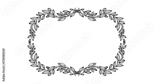 Hand-drawn rectangular frame made of intricately detailed black and white leaves and branches, creating an elegant border on a white background.