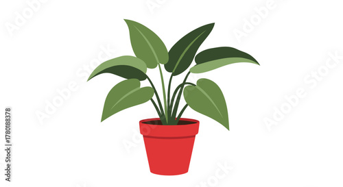 A simple, illustrative houseplant in a red pot with vibrant green leaves, depicted on a clean white background.