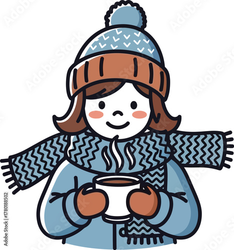 Girl in winter clothes holding a hot drink to keep warm on a cold day