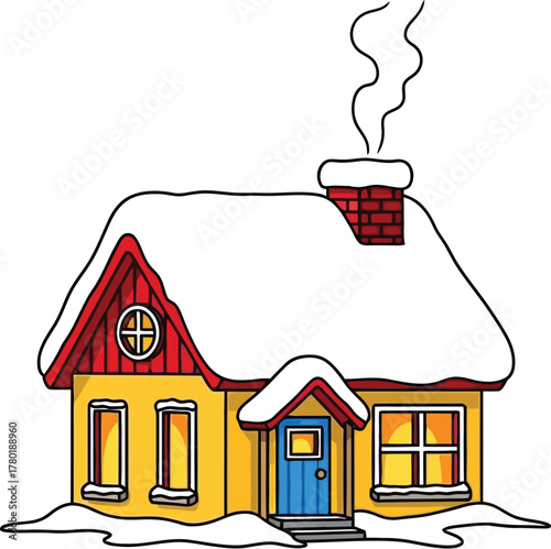 Cartoon house covered in snow with smoke coming from the chimney on white