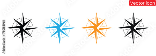 Compass icons set.Compass rose sign.Star icon navigation. Northern Star.Polar Star logo.Wind ros symbol.Nautical wind rose icon.Set sail with vibrant compass rose icons for your navigation design need