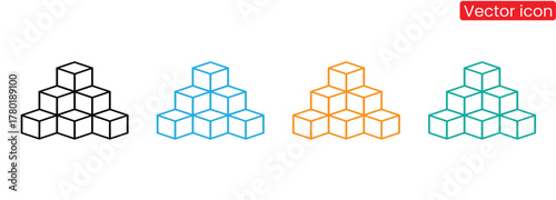 Three ice cubes or sugar cubes set flat vector icon for apps and websites, cube icon symbol with three blocks. cubic building icon,Trendy cube pyramids in black, blue, orange, and teal line art style,