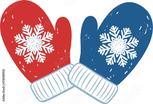 Red and blue winter mittens with snowflake designs on a white background art