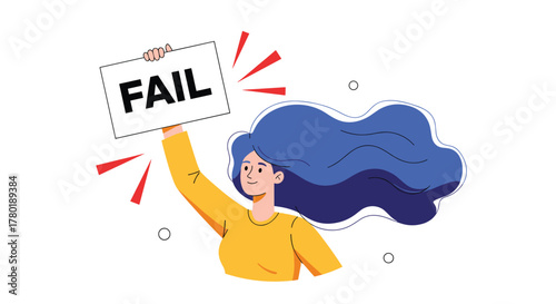 Woman with blue hair holding a white sign that reads "FAIL", conveying themes of challenge, setback, or error.