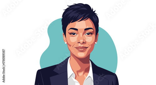A friendly and professional vector illustration of a diverse woman with short dark hair, wearing a business suit and smiling confidently.
