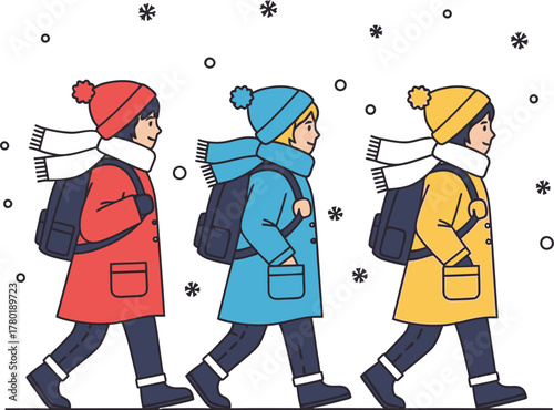 Three children walking to school in winter with backpacks and warm clothing