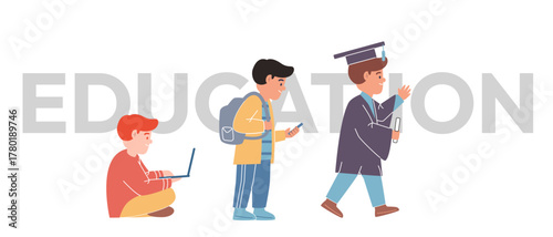 EDUCATION academic growth learning process vector illustration stages of education from child learning with laptop to student using smartphone and graduate in a cap