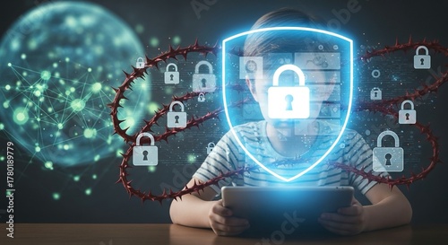 Young child using tablet protected by digital shield surrounded by thorny vines and glowing network, illustrating online safety and cyber security awareness for kids in a modern world