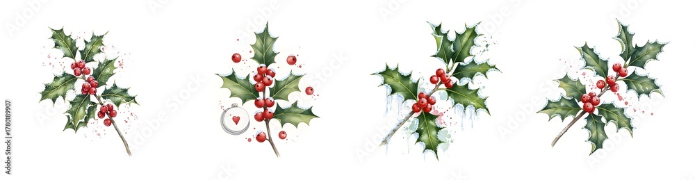 Fototapeta premium Four watercolor illustrations of holly branches with red berries and snow accents isolate