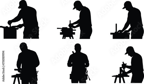 Construction carpenter worker cutting and measuring wood on job site, professional craftsmanship using tools and equipment in black silhouette illustration