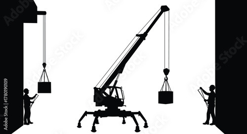 Construction crane lifting heavy materials with workers guiding load, industrial lifting operation silhouette, teamwork in building site, heavy machinery and construction safety concept