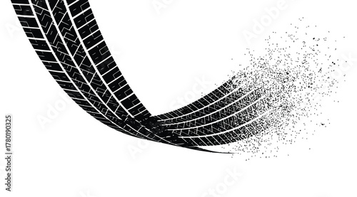 Dynamic tire track, showing a curved path with fading details, suggesting motion, speed, and the impact of vehicle movement