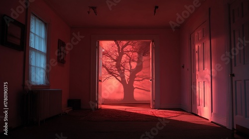 A surreal and unsettling dreamscape of a hallway leading to a strange forest