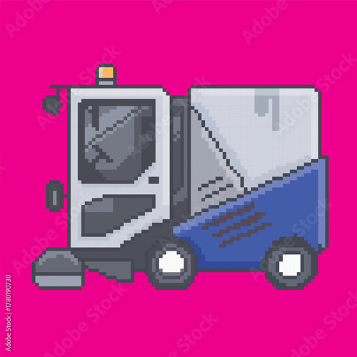 Street sweeper car pixel art, vector illustration on isolated background.
