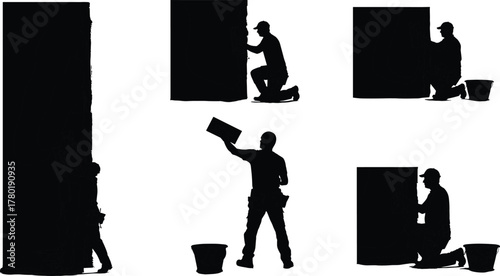 Construction worker applying plaster on walls with tools, professional silhouette laborer performing wall finishing job in building renovation or construction project