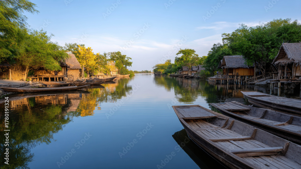 Fototapeta premium Scenic Riverside Community with Small Wooden Boats Amidst Lush Greenery and Traditional Houses at Sunset