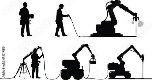 Construction worker operating industrial robot arm, automation technology and engineering machinery in modern construction site, innovation and industrial equipment development