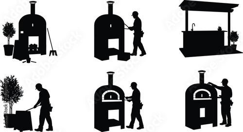 Construction worker installing outdoor pizza oven and kitchen setup, building backyard cooking area, masonry craftsmanship, home improvement and renovation project