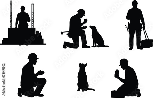 Construction worker resting at job site with pet dog, sitting and eating lunch during break time at industrial construction area outdoors