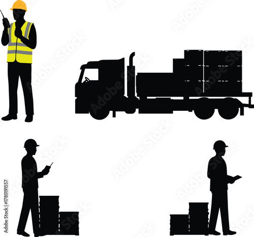 Construction worker supervising cargo loading and delivery process with truck and boxes using radio communication and clipboard at work site