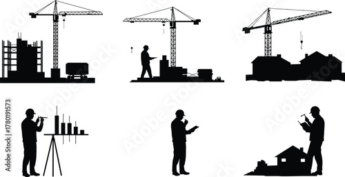 Construction worker silhouettes inspecting site progress with tower cranes operating around buildings during planning, development, engineering and modern urban construction project
