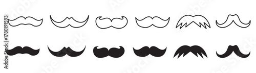 Set of minimalist mustache icons with transparent background, depicting various styles of facial hair for men's fashion, vintage themes, and Movember events, vector illustration