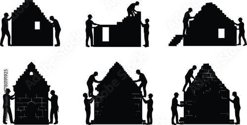 Foto Construction workers building brick wall structure with stepped gable roof desig
