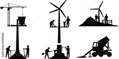 Construction workers building wind turbines, assembling renewable energy structures, and operating machinery for sustainable energy project with teamwork and safety equipment