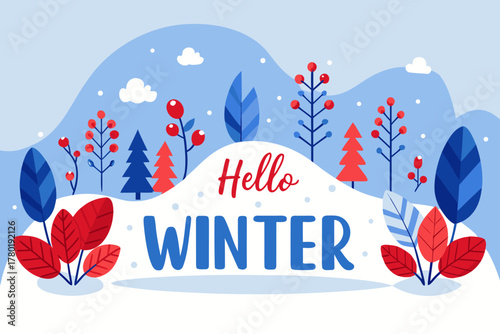 Minimalist winter landscape vector illustration with snowflakes, blue leaves, and red berries, modern flat design background for greeting cards and seasonal decoration