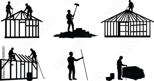 Construction workers building wooden house frame, roof installation and carpentry process, residential home construction site, architecture and craftsmanship illustration